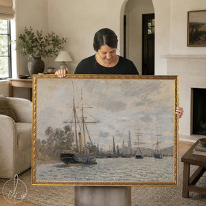 Sailboat painting, Monet’s The Seine at Rouen in an ornate gold frame, tall ships on a gray river, held up in a living room