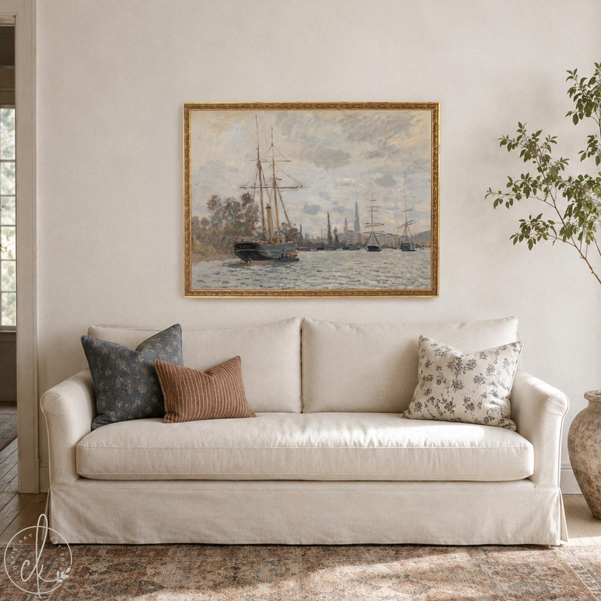 Sailboat Painting | Claude Monet The Seine at Rouen | Vintage Ornate Gold Framed Canvas Print | N247