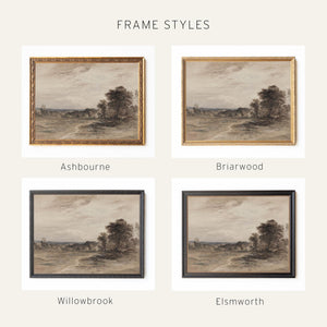 Moody Art Print | Countryside Landscape Painting with Cloudy Sky | Black and Gold Framed Canvas | N55