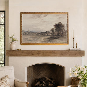 Moody Art Print | Countryside Landscape Painting with Cloudy Sky | Black and Gold Framed Canvas | N55