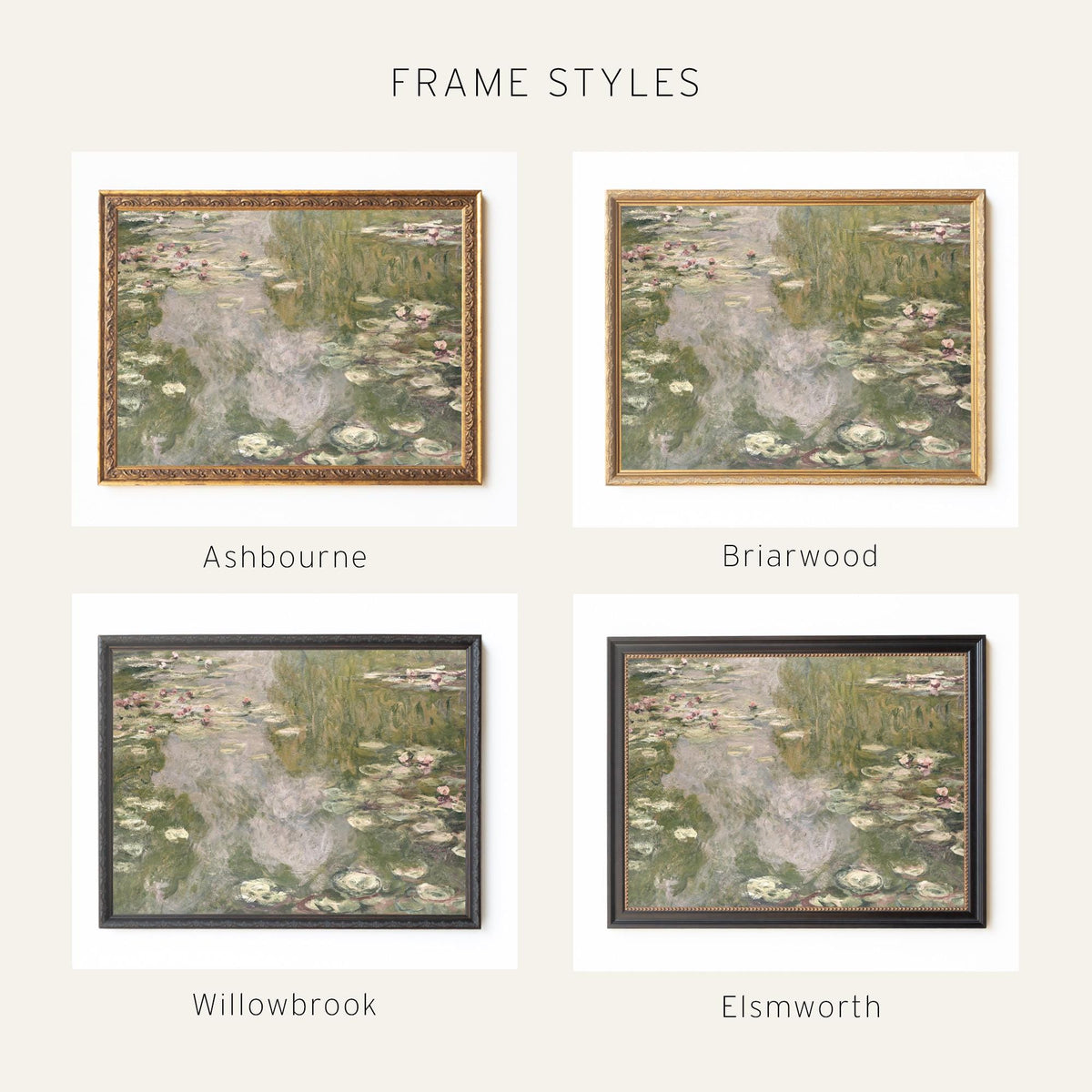 Monet Lily Pads | Impressionist Pond Painting | Large Ornate Gold Framed Canvas Print | N194