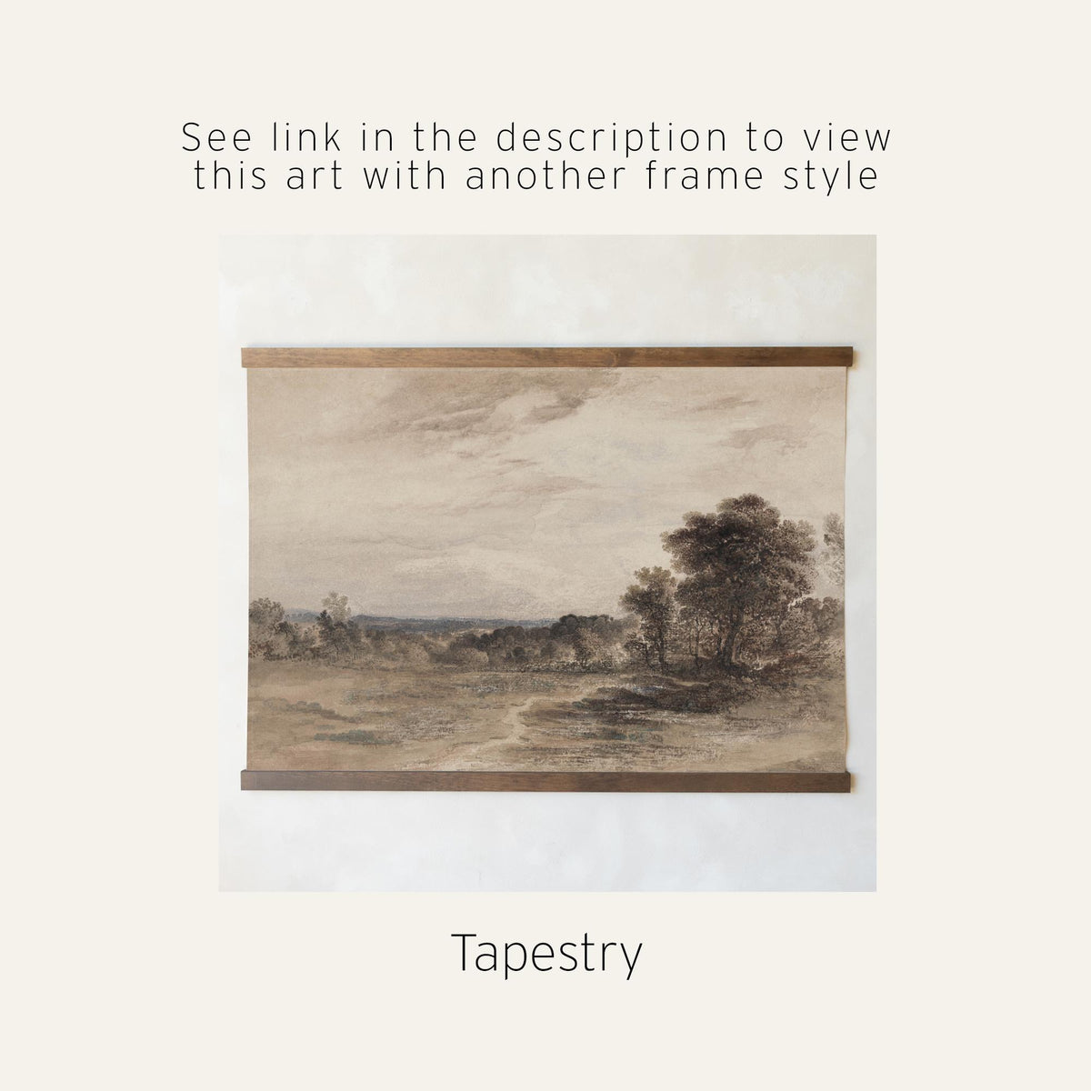 Moody Art Print | Countryside Landscape Painting with Cloudy Sky | Black and Gold Framed Canvas | N55