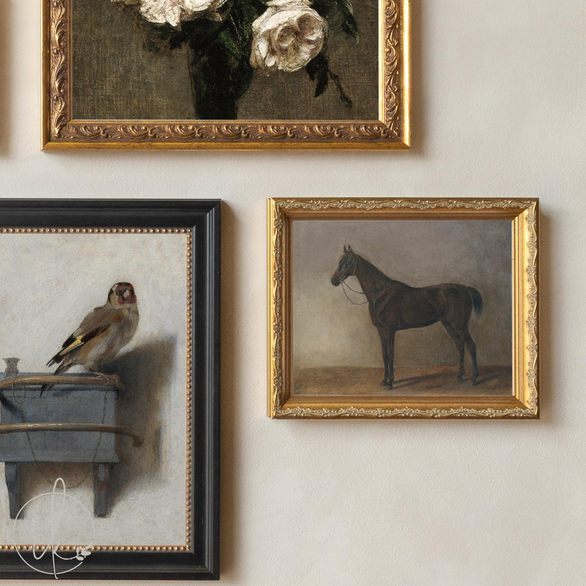 Wall Collage Set of 5 | Gold Framed Vintage Artwork | Goldfinch, Horse and Rose Prints | G2