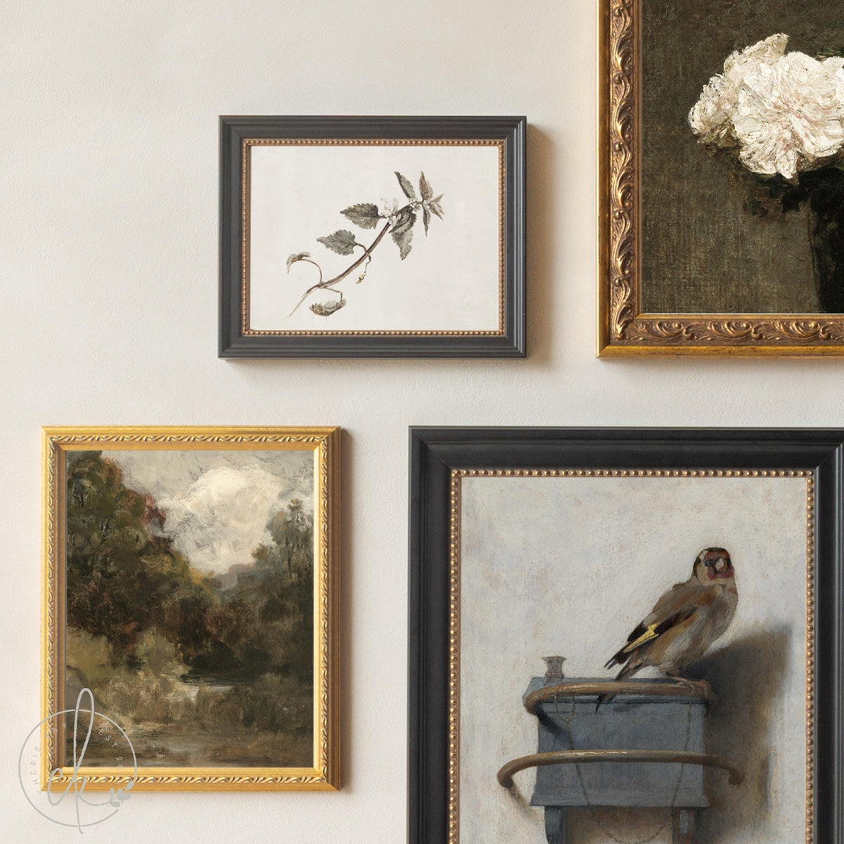 Wall Collage Set of 5 | Gold Framed Vintage Artwork | Goldfinch, Horse and Rose Prints | G2