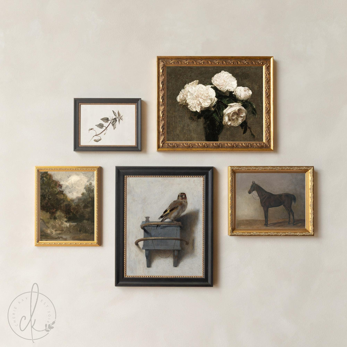 Wall Collage Set of 5 | Gold Framed Vintage Artwork | Goldfinch, Horse and Rose Prints | G2