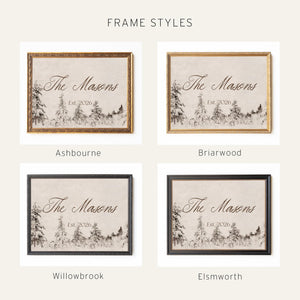 Winter Wedding Decor | Personalized Last Name Sign with Date | Snowy Pines, Ornate Gold Frame | N249