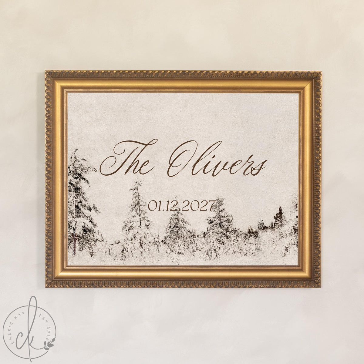 Winter Wedding Decor | Personalized Last Name Sign with Date | Snowy Pines, Ornate Gold Frame | N249