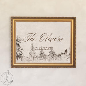 Winter Wedding Decor | Personalized Last Name Sign with Date | Snowy Pines, Ornate Gold Frame | N249
