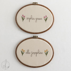 Newborn Keepsake | Tulip Embroidered Name Hoop | Personalized Baby Girl Gifts for the Nursery | E18