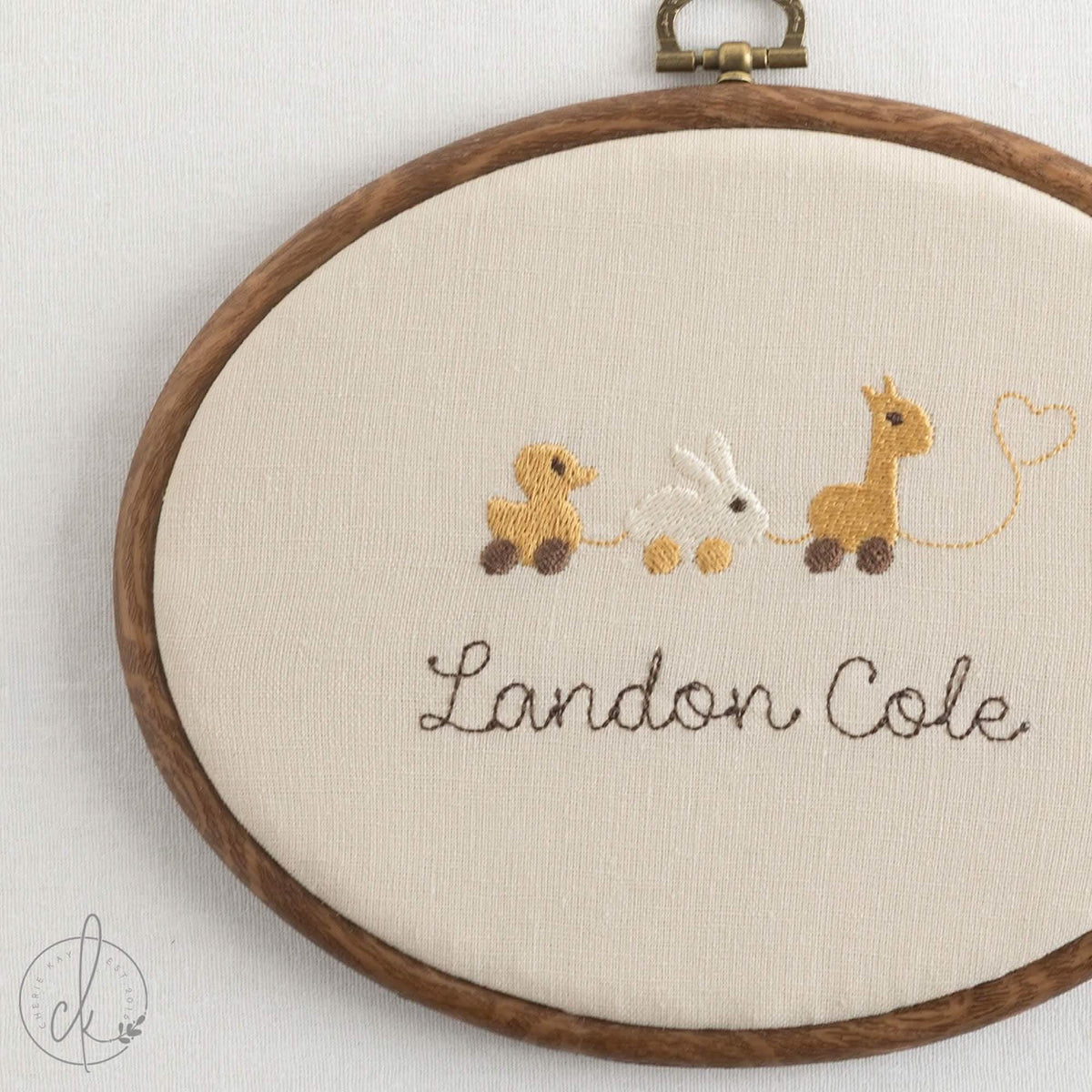 Neutral Nursery Decor | Pull Toy Animals Name Sign | Embroidered Baby Hoop | E22