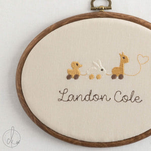Neutral Nursery Decor | Pull Toy Animals Name Sign | Embroidered Baby Hoop | E22