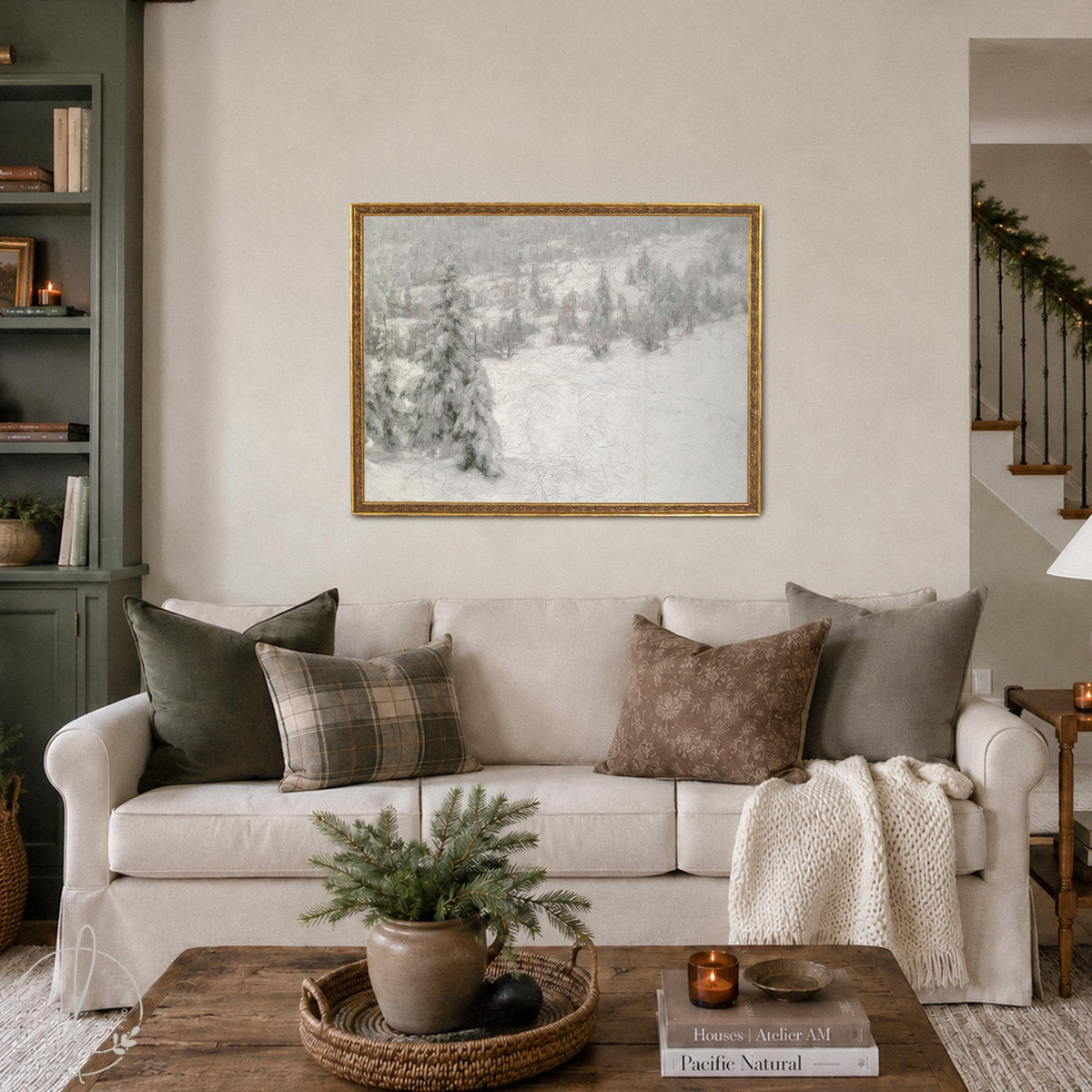 Vintage Christmas Painting | Snowy Pine Hillside Wall Art | Ornate Gold Framed Canvas | N61