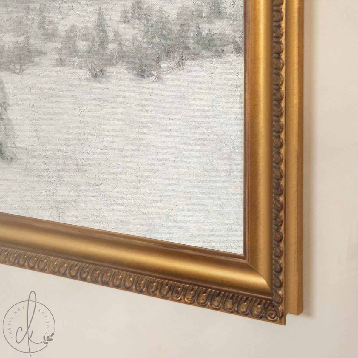 Vintage Christmas Painting | Snowy Pine Hillside Wall Art | Ornate Gold Framed Canvas | N61