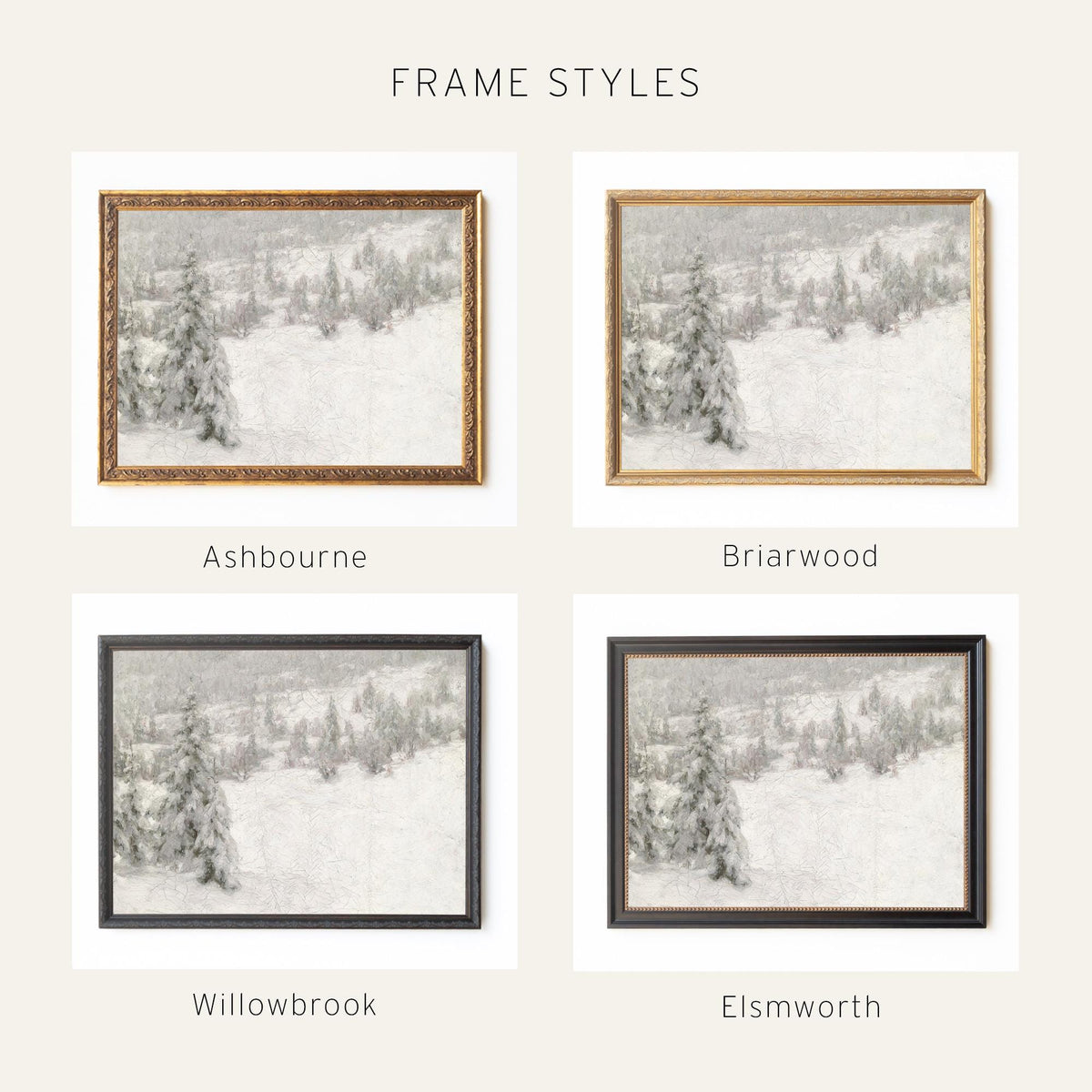 Vintage Christmas Painting | Snowy Pine Hillside Wall Art | Ornate Gold Framed Canvas | N61