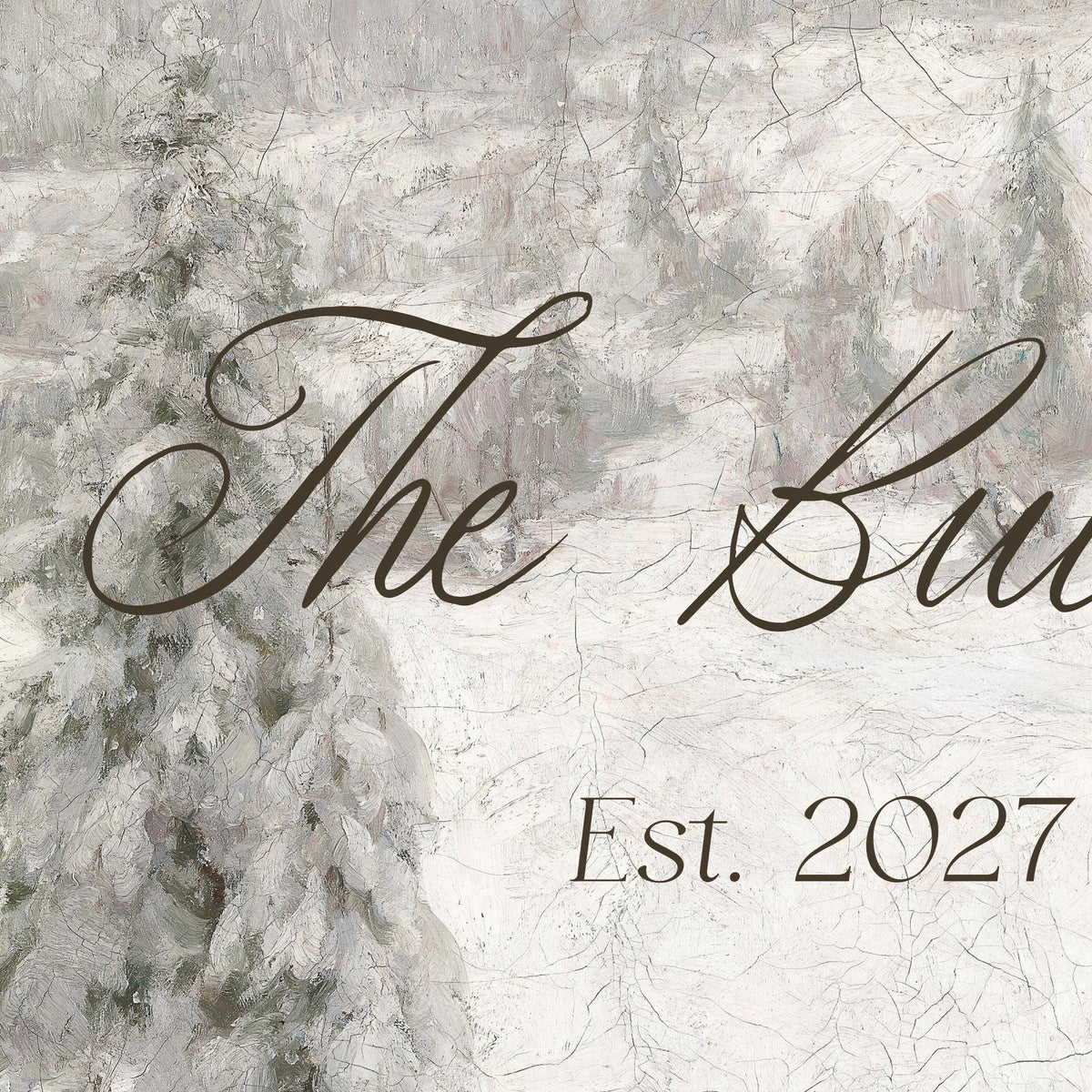 Christmas Wedding Decor | Personalized Name and Date Sign | Snowy Pine Painting, Ornate Gold Frame | N118