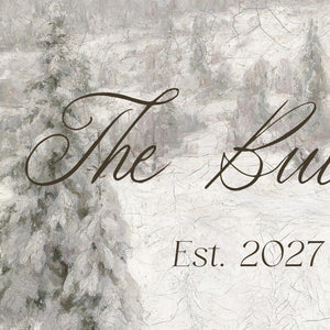 Christmas Wedding Decor | Personalized Name and Date Sign | Snowy Pine Painting, Ornate Gold Frame | N118