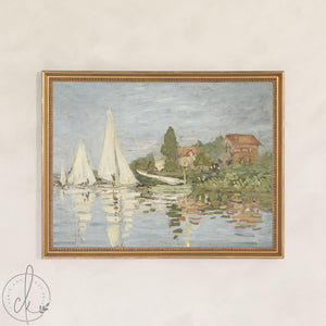 Framed Sailboat Art | Monet Regattas at Argenteuil | Vintage Ornate Gold Canvas Print | N196