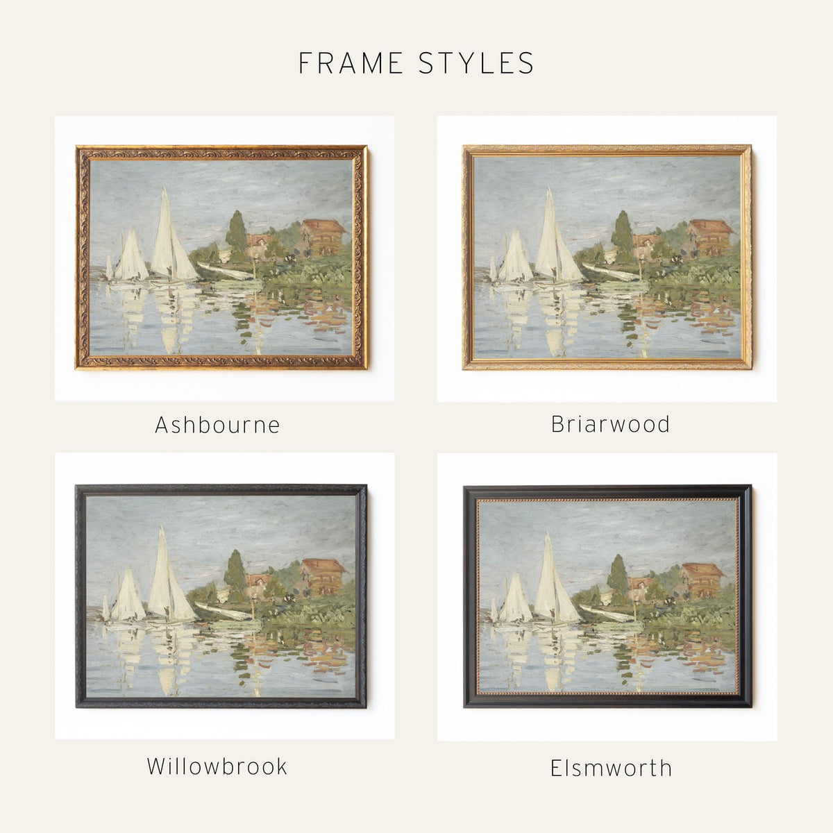 Framed Sailboat Art | Monet Regattas at Argenteuil | Vintage Ornate Gold Canvas Print | N196