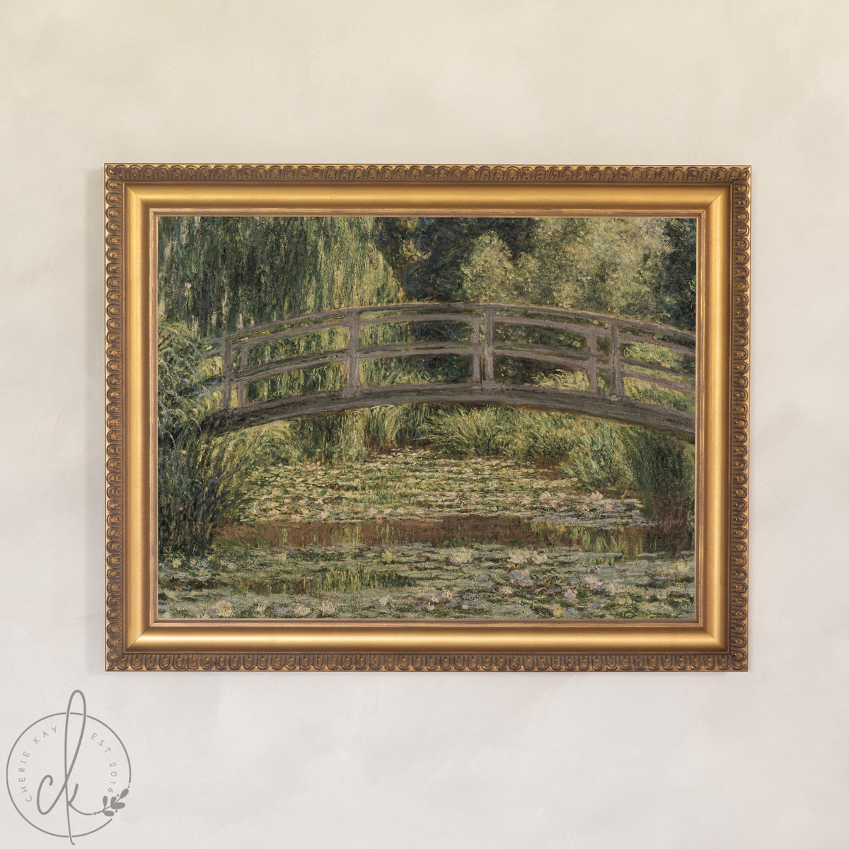 Monet Bridge Painting | Giverny Water Lily Pond | Large Ornate Gold Framed Canvas Print | N219