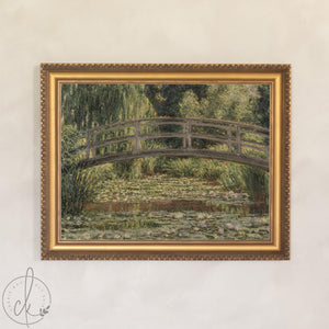 Monet Bridge Painting | Giverny Water Lily Pond | Large Ornate Gold Framed Canvas Print | N219