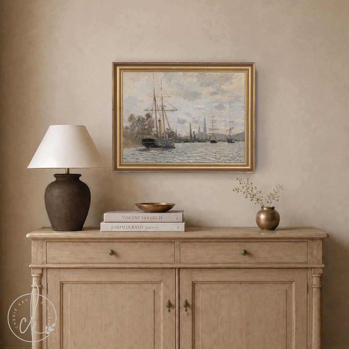 Sailboat Painting | Claude Monet The Seine at Rouen | Vintage Ornate Gold Framed Canvas Print | N247