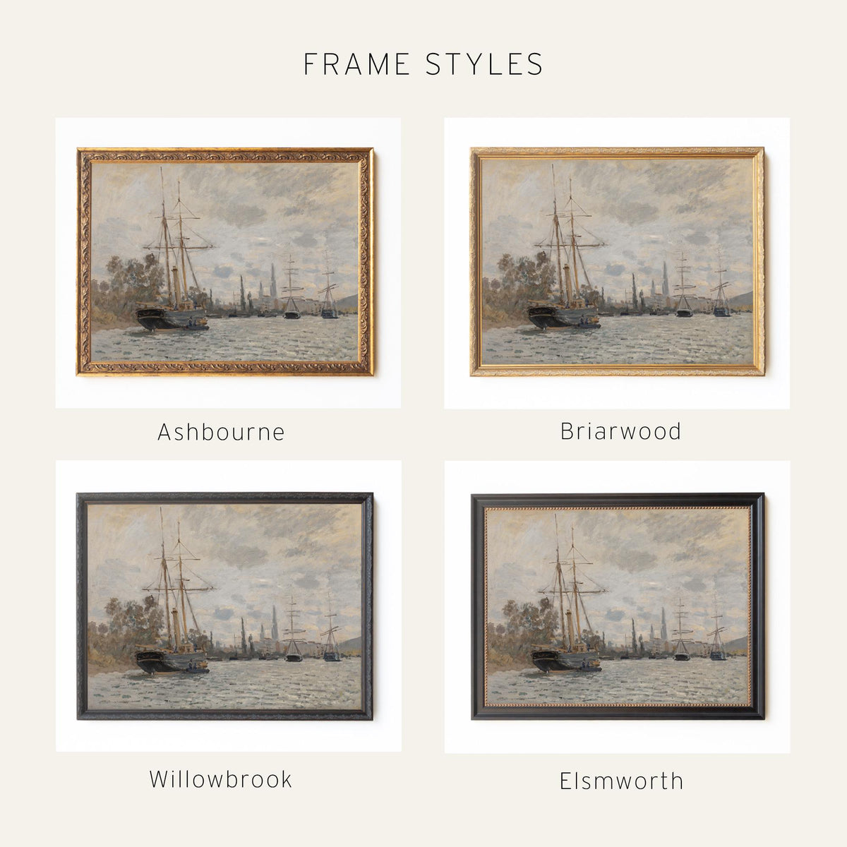 Sailboat Painting | Claude Monet The Seine at Rouen | Vintage Ornate Gold Framed Canvas Print | N247