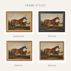 Vintage Horse Painting | Mare and Foal Canvas | Ornate Gold Framed Wall Art | N252