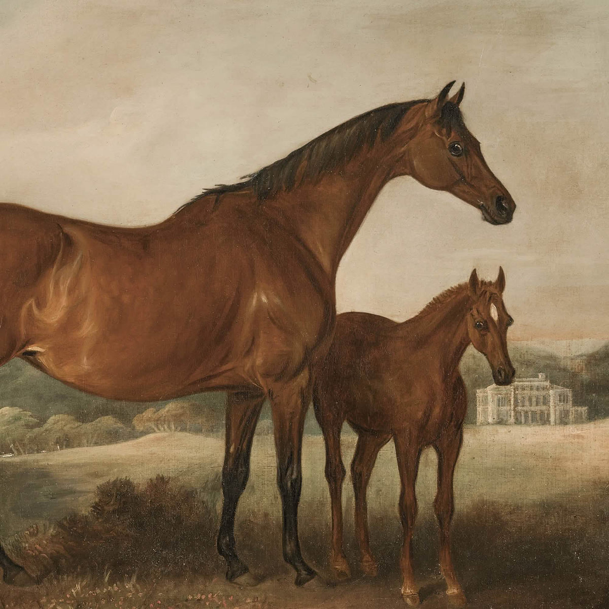 Vintage Horse Painting | Mare and Foal Canvas | Ornate Gold Framed Wall Art | N252