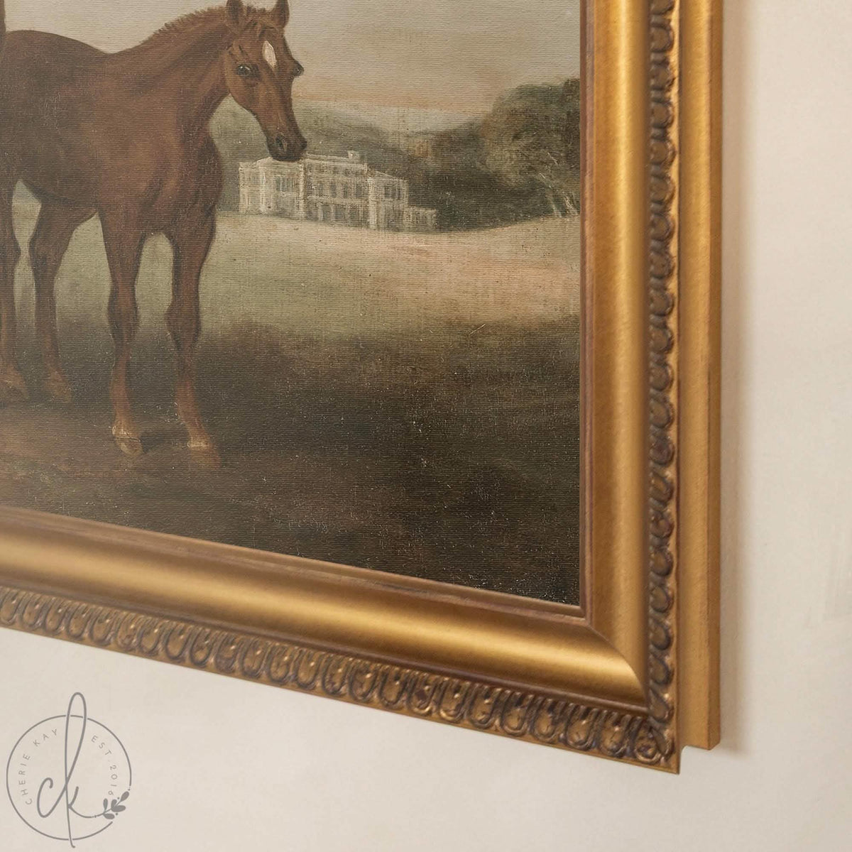 Vintage Horse Painting | Mare and Foal Canvas | Ornate Gold Framed Wall Art | N252