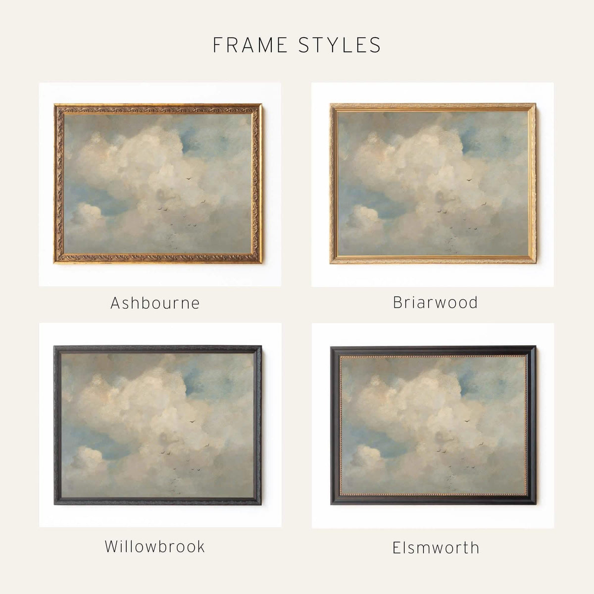 Cloud Artwork | Large Vintage Sky Canvas Print | Ornate Gold Frame | N254