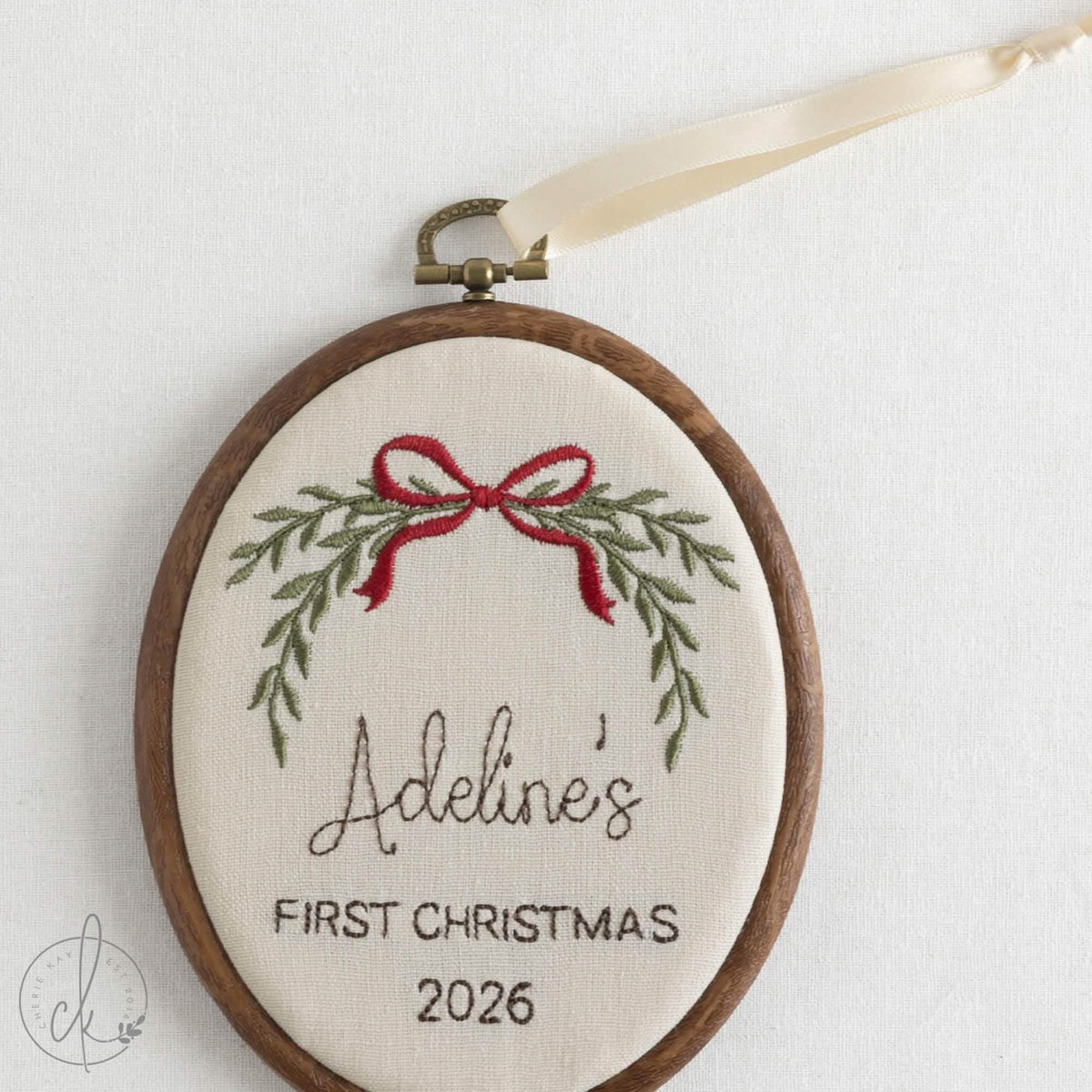 Newborn Christmas Gift | Baby’s First Christmas Name Hoop | Embroidered Red Bow | E27