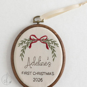 Newborn Christmas Gift | Baby’s First Christmas Name Hoop | Embroidered Red Bow | E27