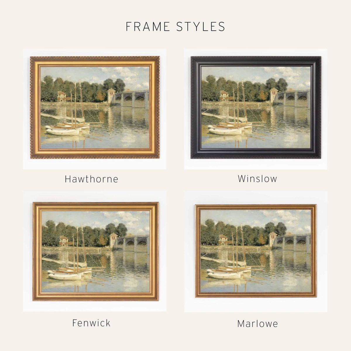 Sailboat Wall Art | Monet Bridge at Argenteuil | Ornate Gold Framed Canvas | N210