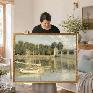 Sailboat wall art of Monet’s Bridge at Argenteuil, white boats moored by an arched bridge, in an ornate gold frame