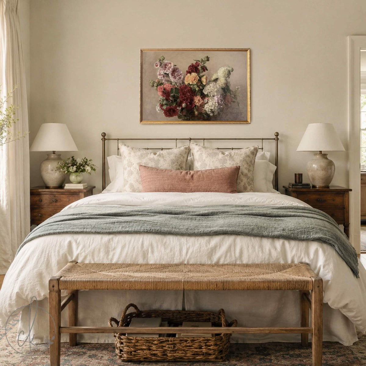 Vintage floral print of pink, red and peach hollyhocks with white garden flowers on taupe canvas in an ornate gold frame
