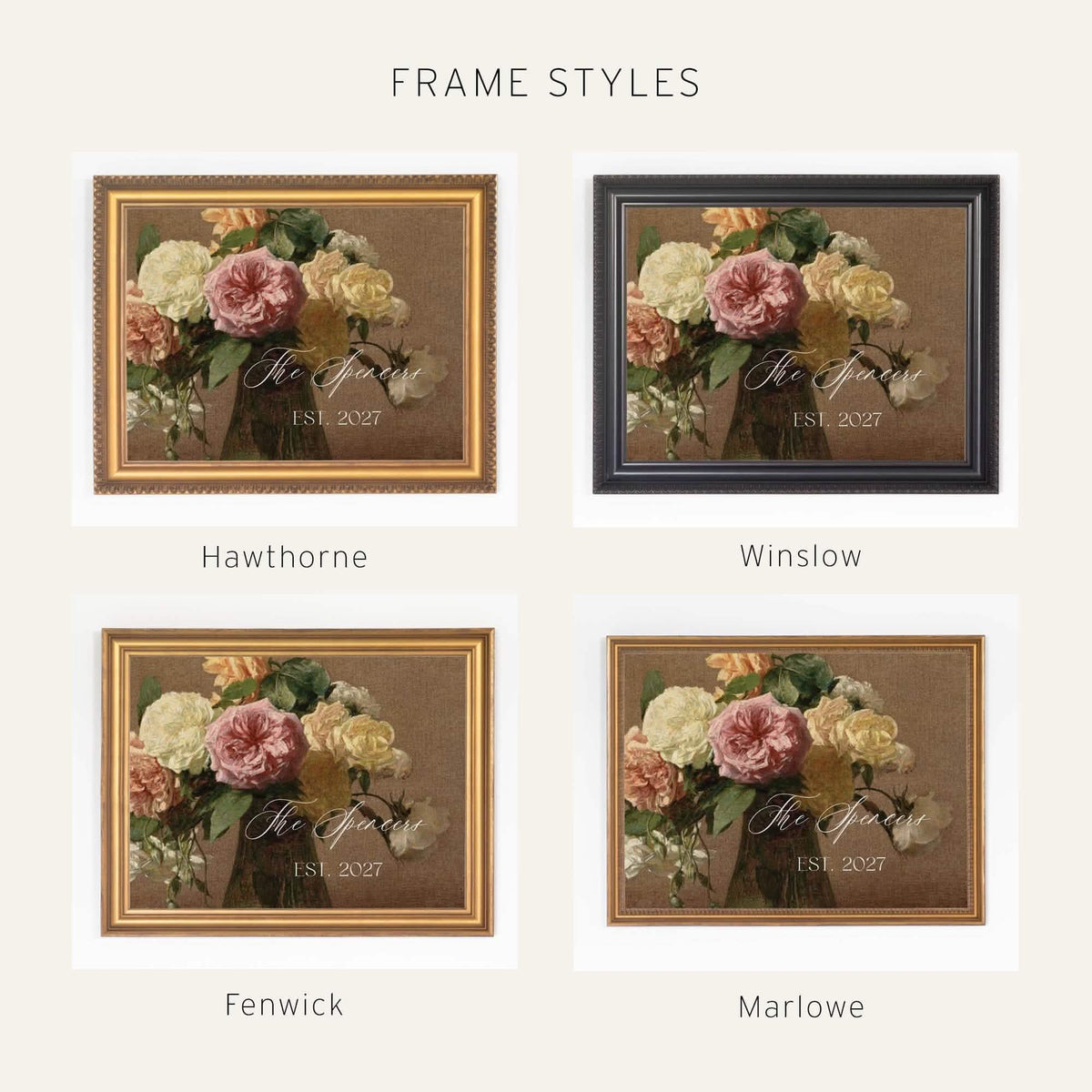 Wedding Signs | Personalized Vintage Rose Canvas | Ornate Gold Frame | N250