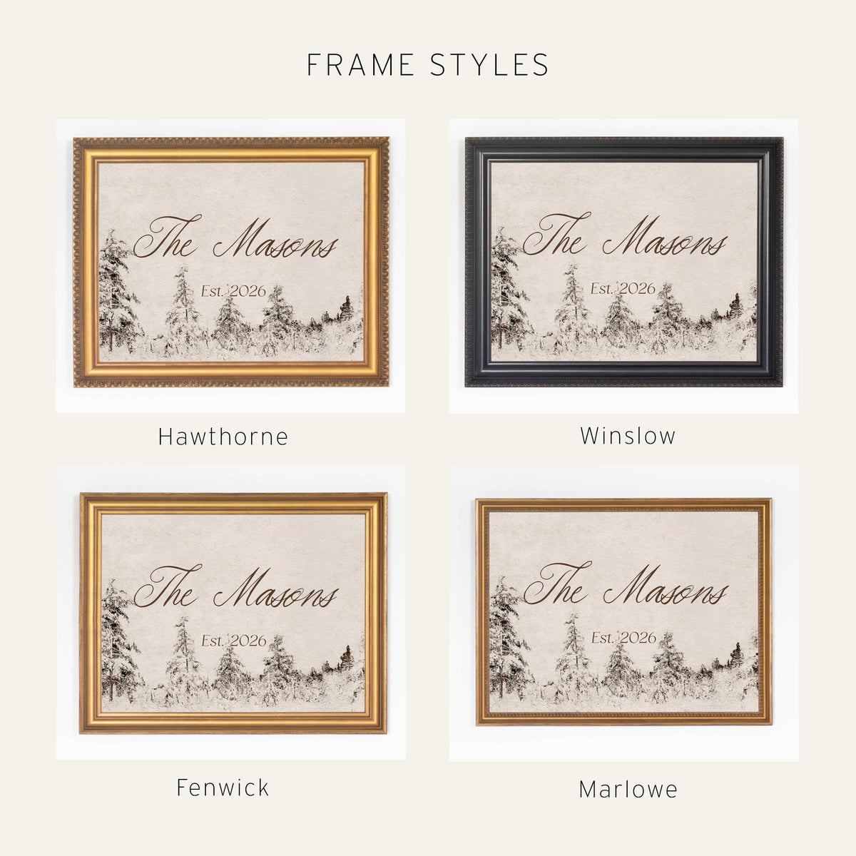 Winter Wedding Decor | Personalized Last Name Sign with Date | Snowy Pines, Ornate Gold Frame | N249