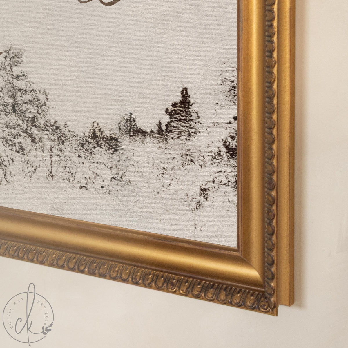 Winter Wedding Decor | Personalized Last Name Sign with Date | Snowy Pines, Ornate Gold Frame | N249