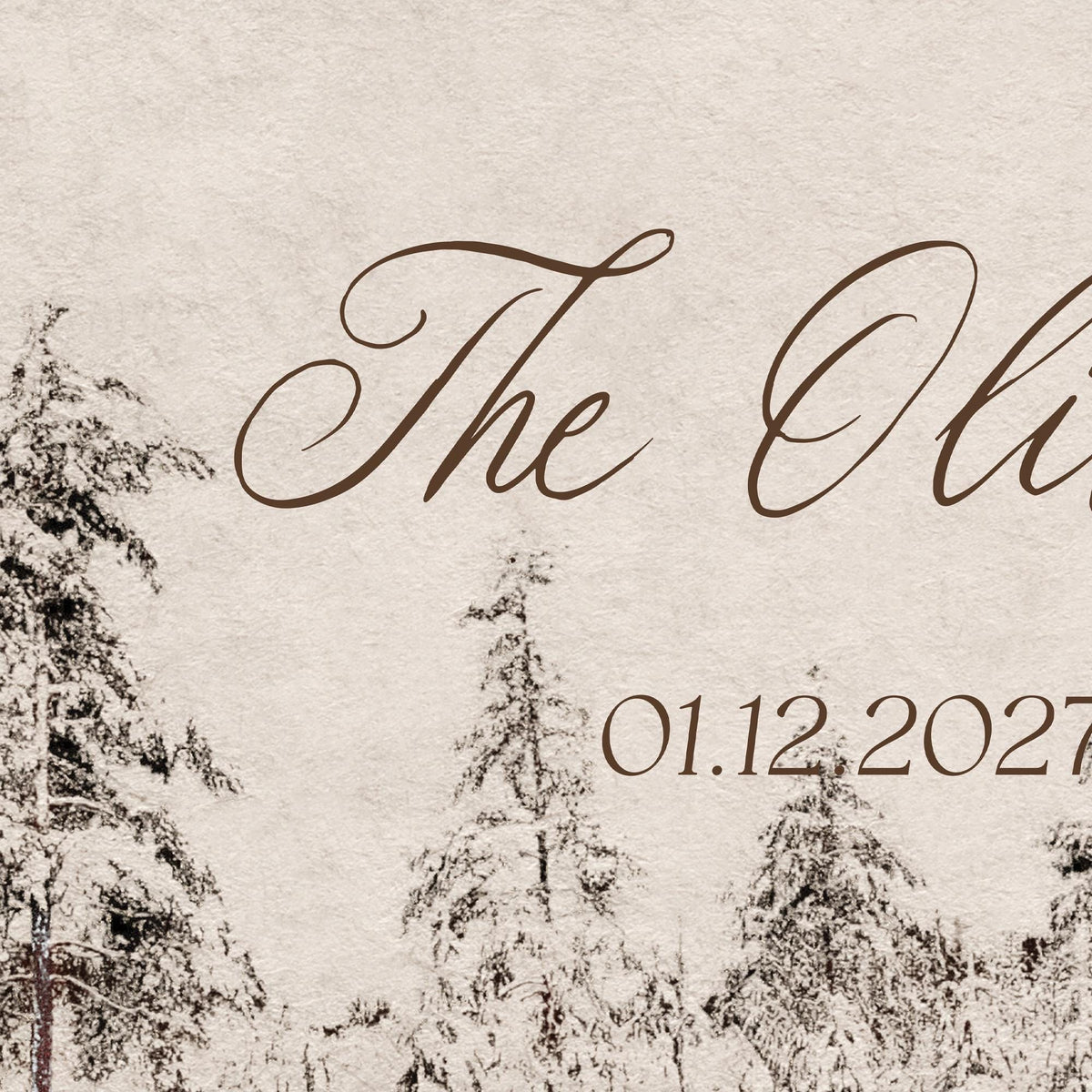 Winter Wedding Decor | Personalized Last Name Sign with Date | Snowy Pines, Ornate Gold Frame | N249