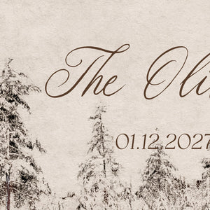 Winter Wedding Decor | Personalized Last Name Sign with Date | Snowy Pines, Ornate Gold Frame | N249