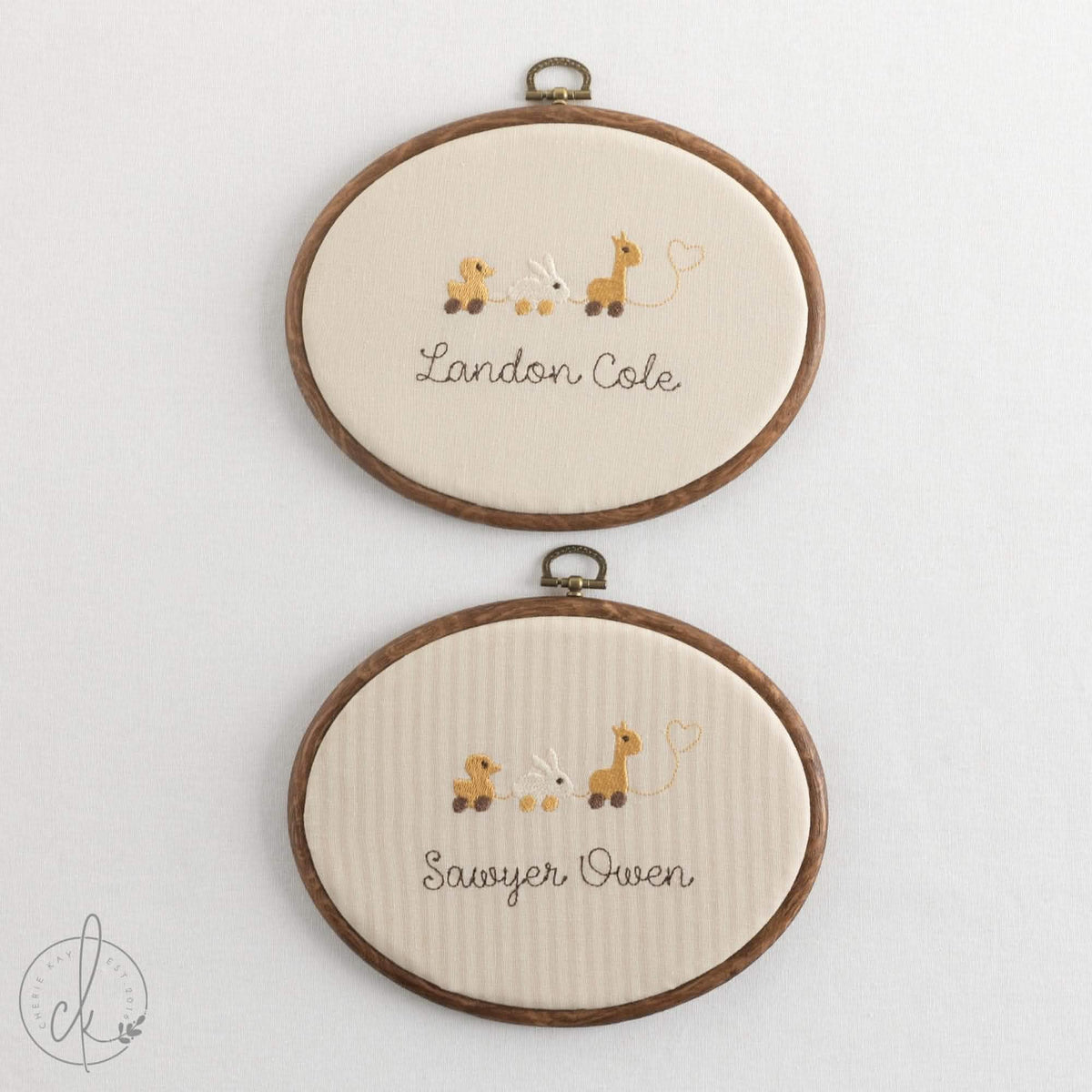 Neutral Nursery Decor | Pull Toy Animals Name Sign | Embroidered Baby Hoop | E22