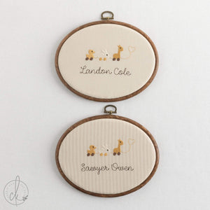 Neutral Nursery Decor | Pull Toy Animals Name Sign | Embroidered Baby Hoop | E22