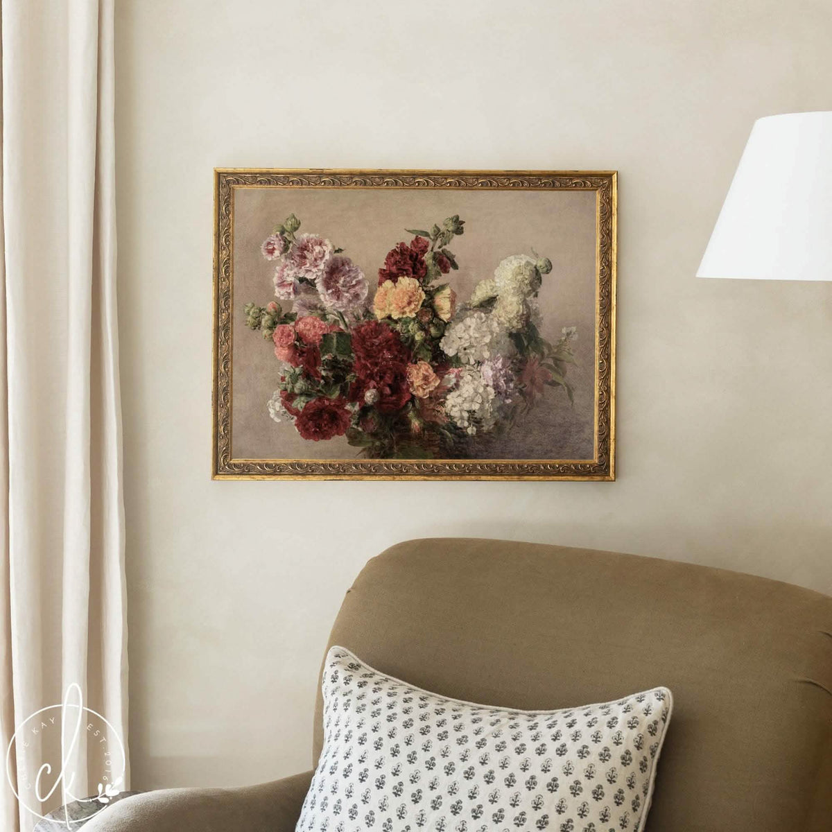 Vintage Floral Print | Hollyhock Still Life Canvas | Ornate Gold Frame | N251