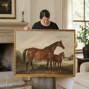 Vintage horse painting of a bay mare and foal by a white country house, framed canvas in an ornate gold frame