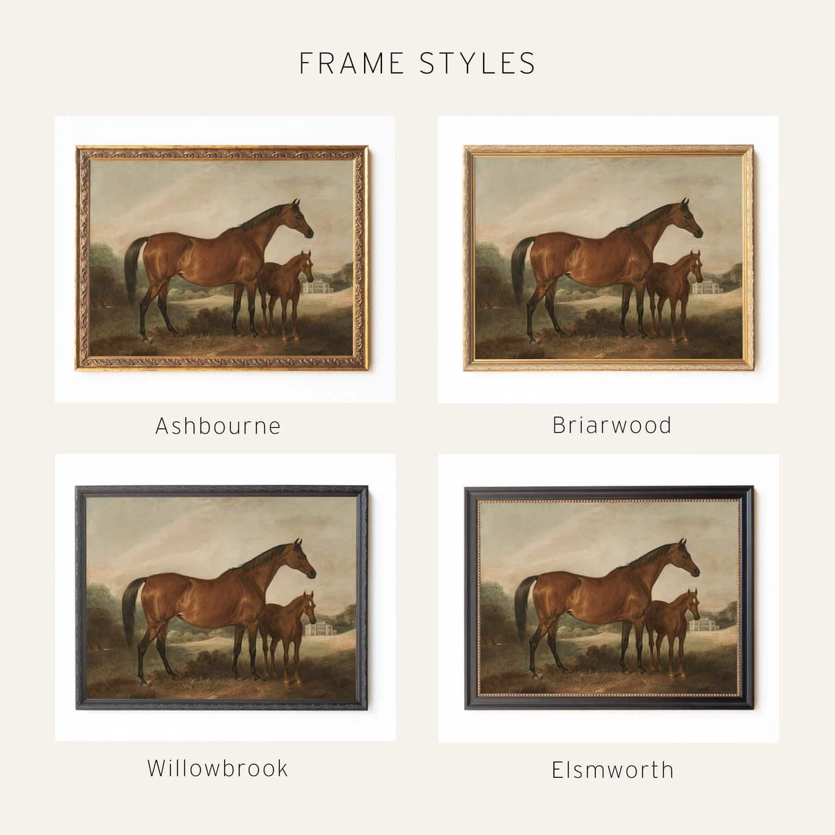 Vintage Horse Painting | Mare and Foal Canvas | Ornate Gold Framed Wall Art | N252