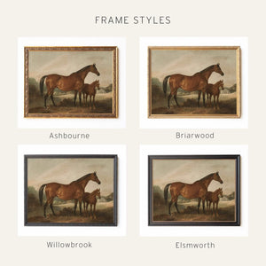 Vintage Horse Painting | Mare and Foal Canvas | Ornate Gold Framed Wall Art | N252