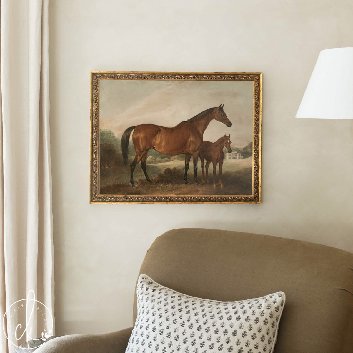 Vintage Horse Painting | Mare and Foal Canvas | Ornate Gold Framed Wall Art | N252