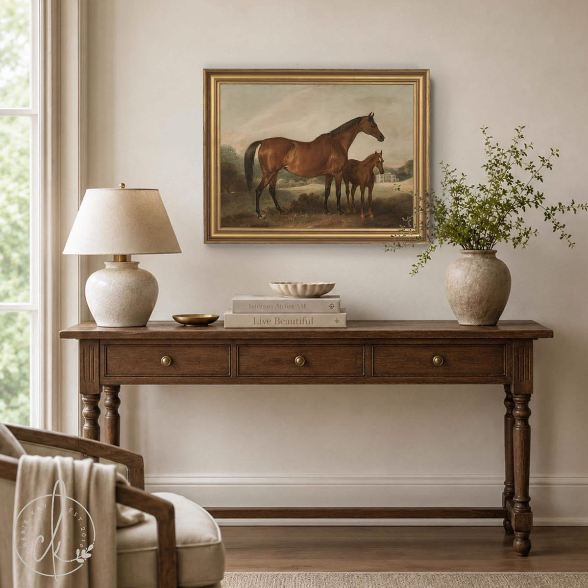 Vintage Horse Painting | Mare and Foal Canvas | Ornate Gold Framed Wall Art | N252