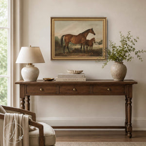 Vintage Horse Painting | Mare and Foal Canvas | Ornate Gold Framed Wall Art | N252