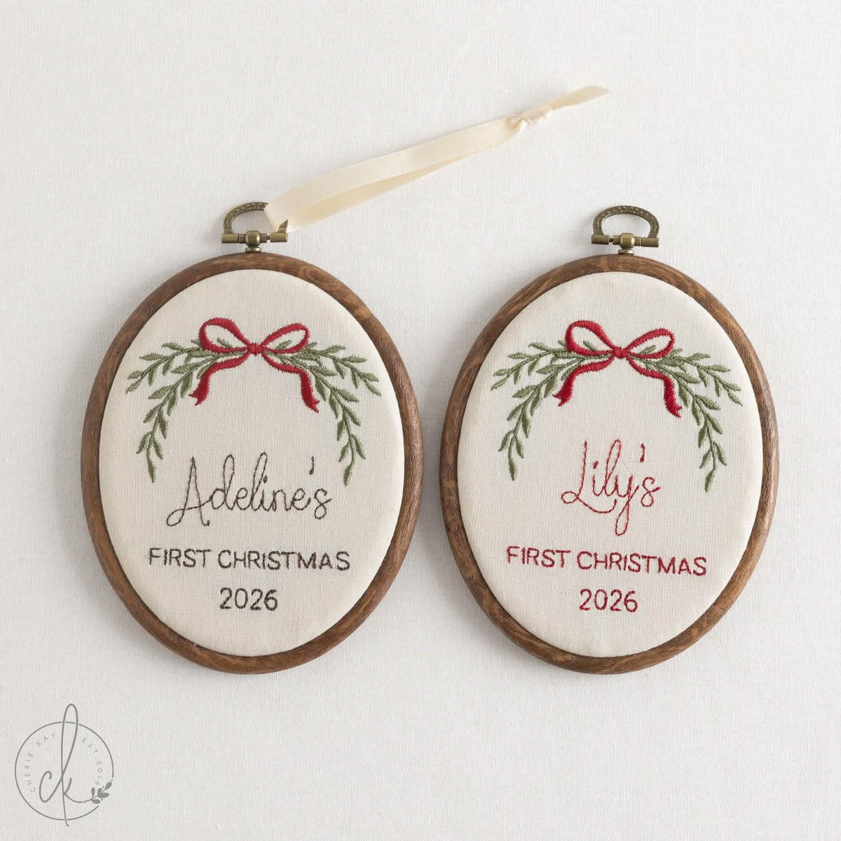 Newborn Christmas Gift | Baby’s First Christmas Name Hoop | Embroidered Red Bow | E27